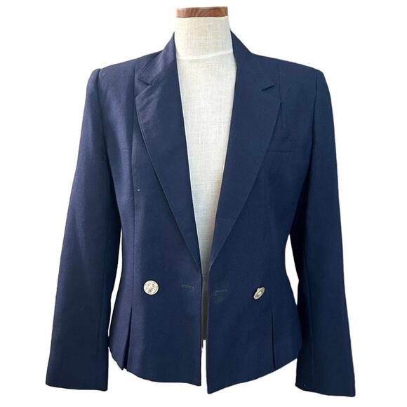 Vintage AJ Friends Double Breasted Blazer M Navy Tailored Office Career Power - Picture 3 of 12
